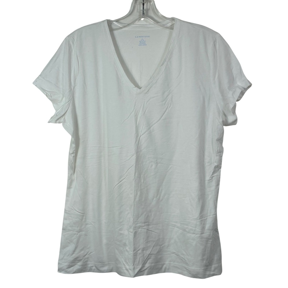 Lands End Womens White V-Neck Short Sleeve Cotton Blend T-Shirt‎ Size L 14-16